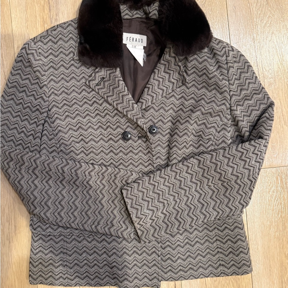 Louis Feraud Brown Zigzag Blazer with Black Fur Collar